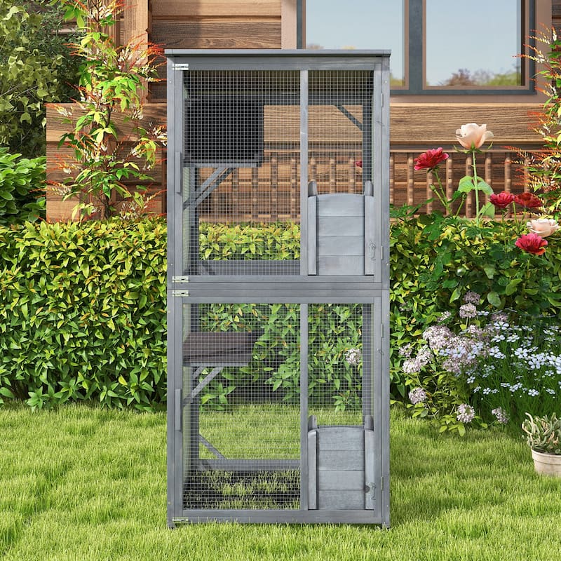 72 Inch TallWooden Cat House with Weatherproof Asphalt Roof-Grey - 31.5” x 27.5” x 72”