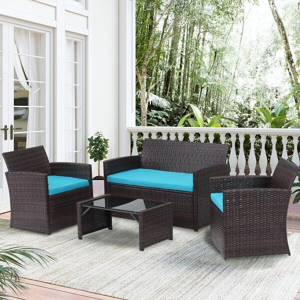 Ainfox 4 Pcs Outdoor Furniture Set Patio Rattan Sofa Chair with Coffee Table