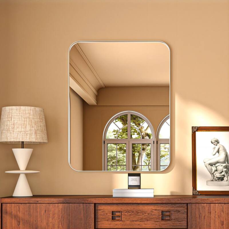 Organnice Rectangular Aluminum Framed Modern Rounded Wall Mount Mirror