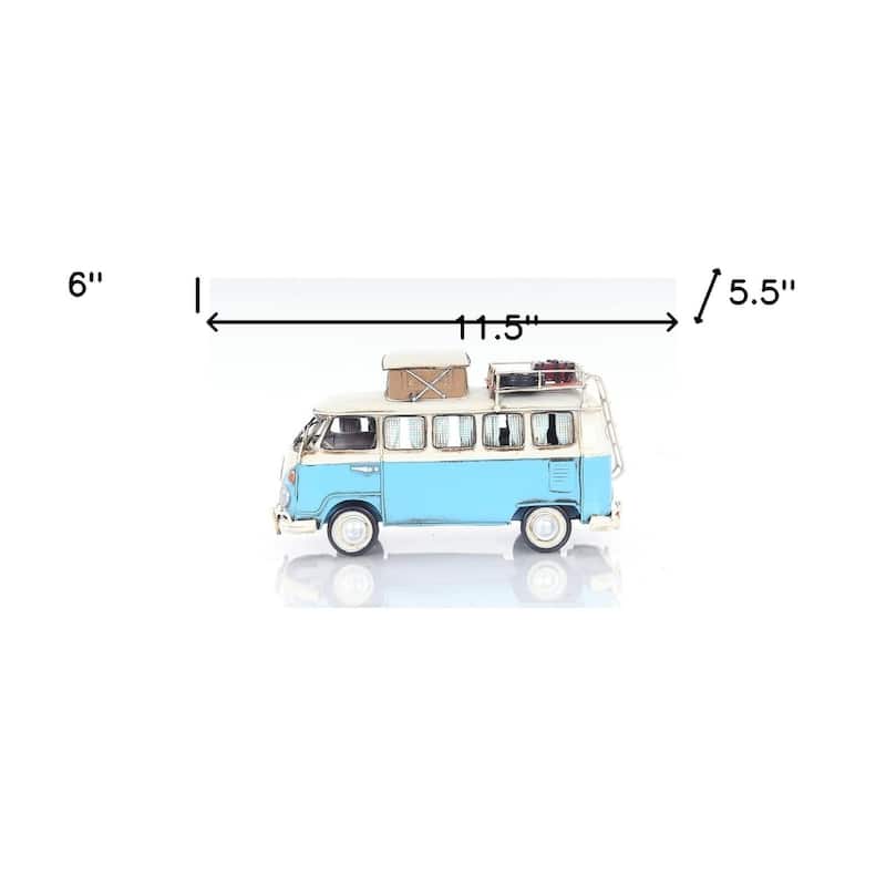 HomeRoots 6" Blue And White Metal Volkswagen Bus Sculpture - 11.5' X '6' X '5.5