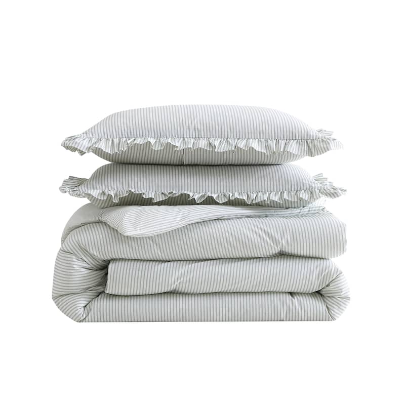 Laura Ashley Oxford Stripe Cotton All Season Comforter Set Soft Breathable (Green)