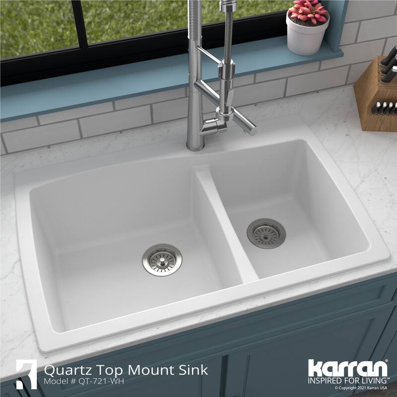 Karran Drop-In Quartz 34 in. Double Bowl 60/40 Kitchen Sink With Bottom Grids and Strainers
