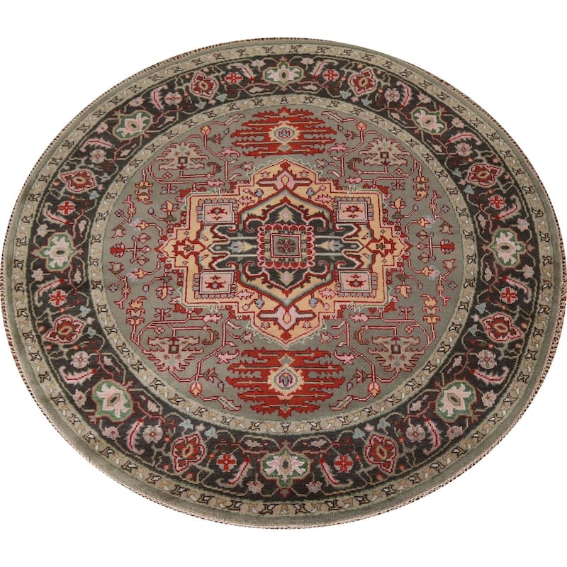 Geometric Heriz Serapi Oriental Round Area Rug Handmade Wool Carpet - 7'10"x 7'11"