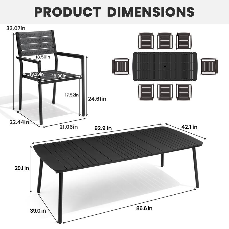 9-Piece Outdoor Rectangular Dining Table Set with Umbrella Hole and Stackable Armchairs