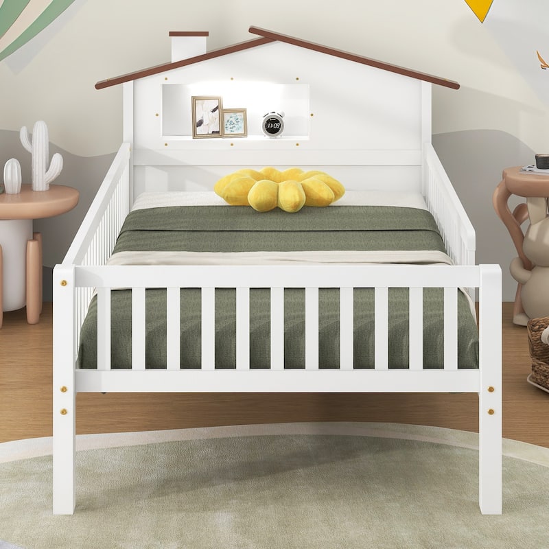 Wood Platform Bed with House-shaped Headboard, LED and Built-in Storage