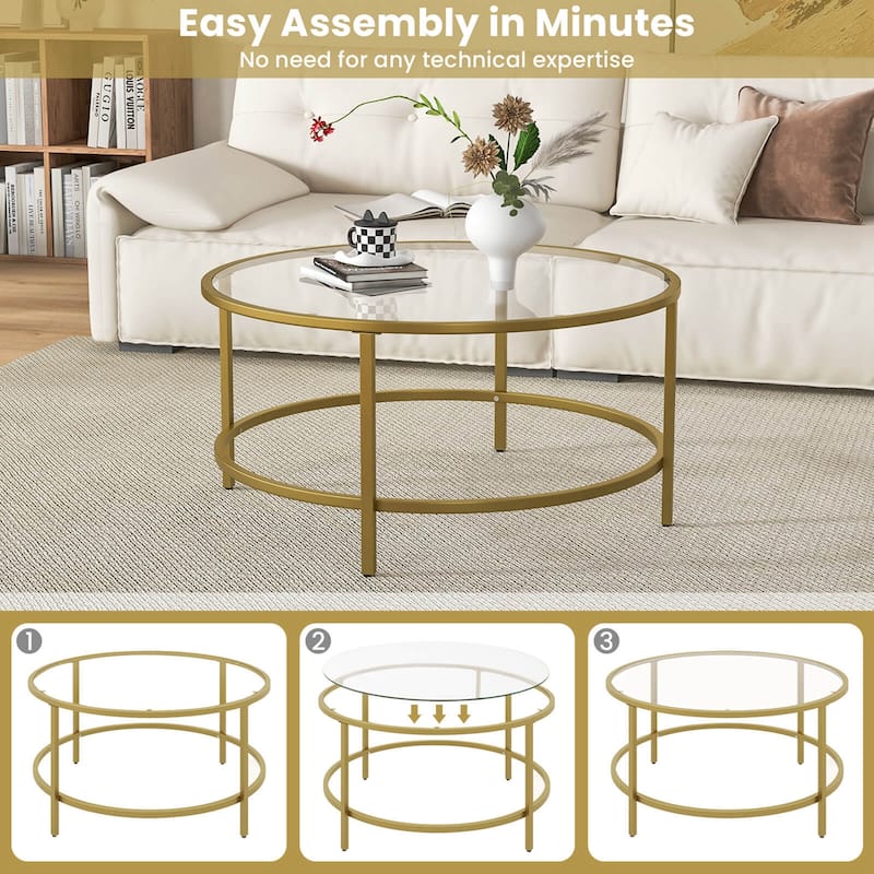 Costway 36'' Round Coffee Table Tempered Glass Tabletop Metal Frame - See Details
