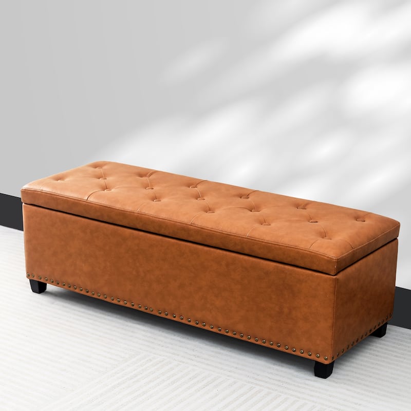 Adeco 46" Faux Leather Storage Ottoman Bench with Nailhead Trim