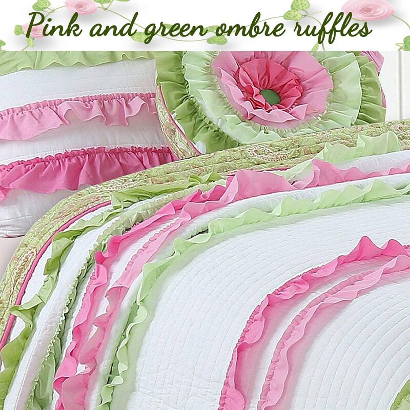 Cozy Line Charlotte Chic Pink Green Ruffle Quilt Bedding Set
