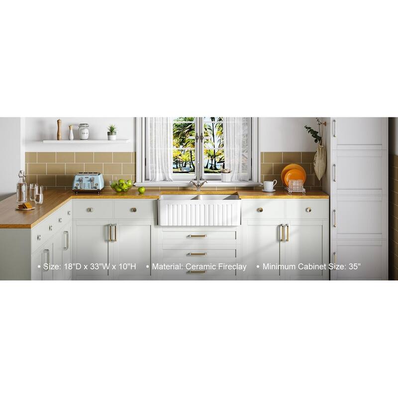HOROW White Fireclay 33 in. Double Bowl Farmhouse Apron Kitchen Sink Workstation Kitchen Sink with Bottom Grid