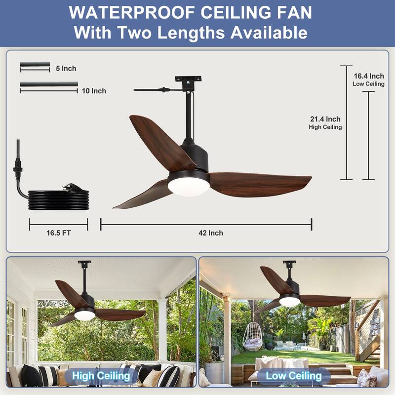 Outdoor Ceiling Fan with Light: 42-52 Inch Hanging - Plug in Waterproof Fans for Patio - Dimmable Remote App Control Black