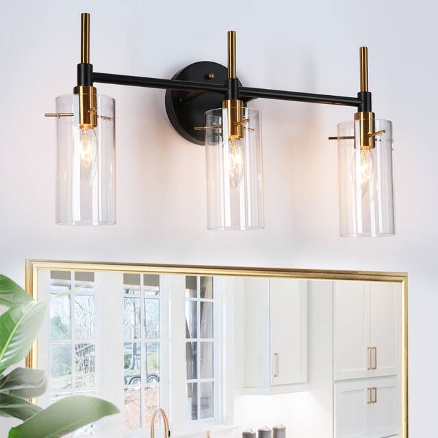 Alva Black Gold 3-Light Modern Vanity Lights Bathroom Light Fixture with Cylinder Shades - 19.5" L x 6" W x 11" H