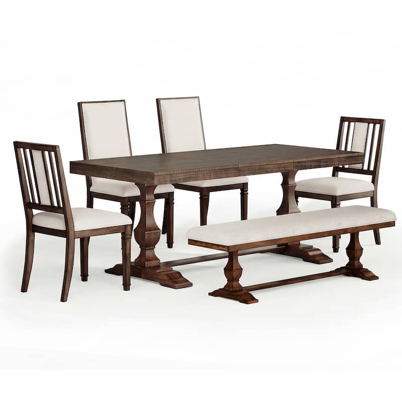 6-pieces Farmhouse Dining Table for 6, 74.8" Kitchen Table Set with 4 Chairs and Bench, Solid Wood Legs and Cushion Seat