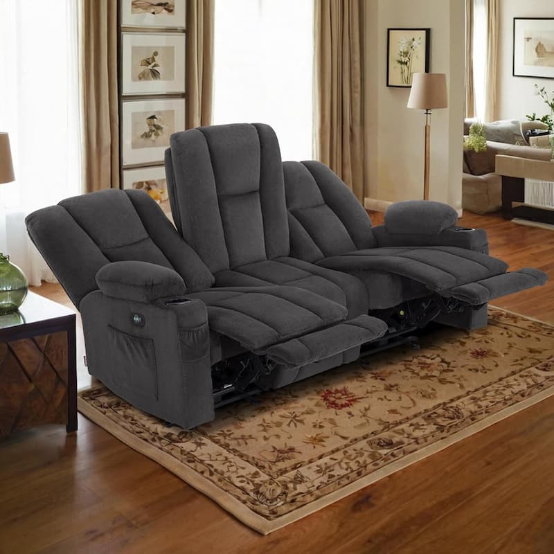 MCombo Electric Power Reclining Sofa with Massage and Lumbar Heat, Fabric 6015/6025/6035/6045 - Reclining Sofa - Grey