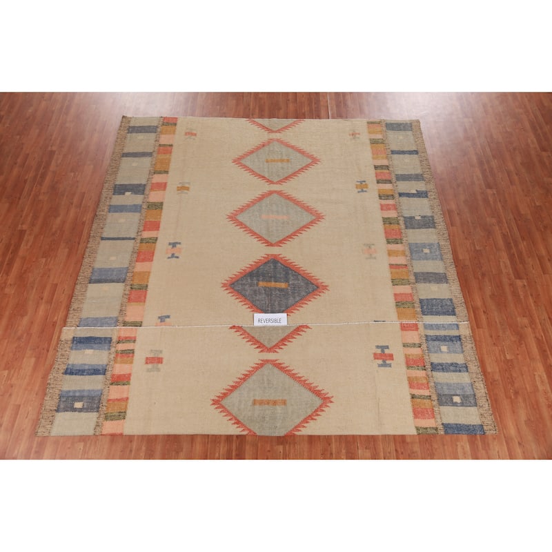 Hand Woven Oriental 100% Jute Carpet Southwestern Modern Beige & Ivories Kilim Area Rug - 13' 3'' X 10' 3''