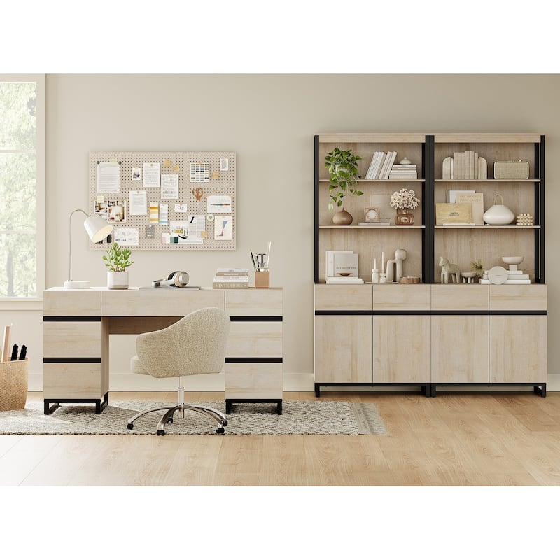 WAMPAT 59in Modern Executive Desk with Charging Station & Drawers and 2 PCS 72in Tall Bookcases with Storage Cabinet.