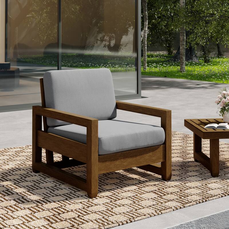 Patio Teak Wood Outdoor Arm Chair with Cushion - Natural Wood - Light Grey-Single Armchair