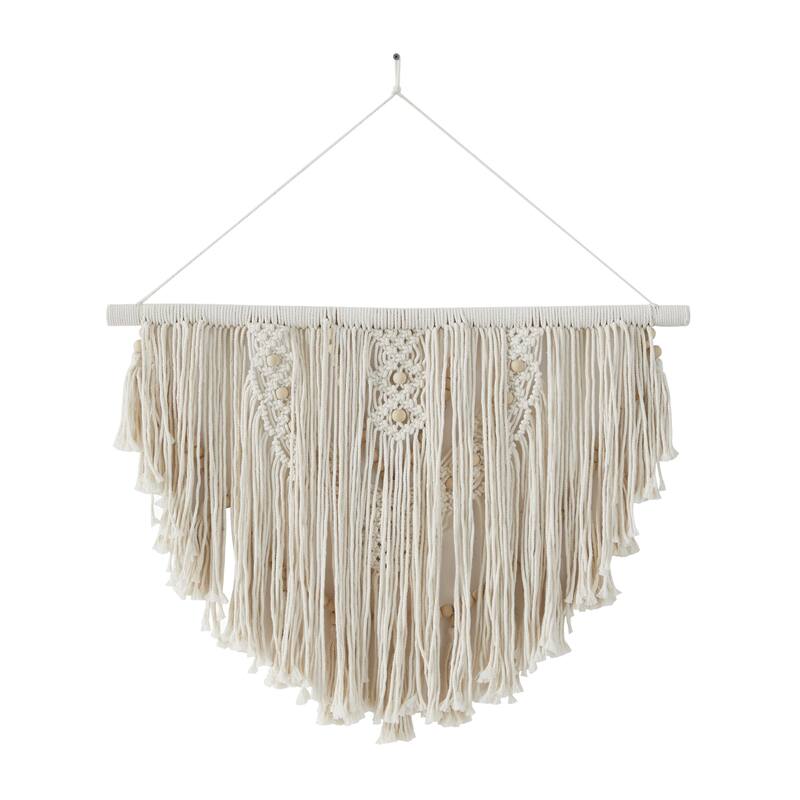 Cotton Fabric Macrame Handmade Woven Home Wall Decor with Brown Beaded Accents - White - Roche River Decor