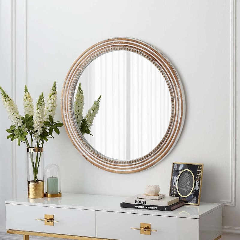 GDF Studio - Elara Beaded Round Farmhouse Wall Mirror - Antique Natural