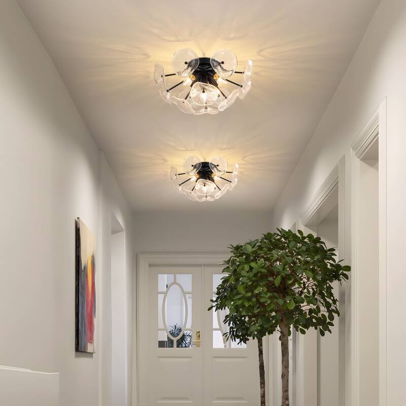 Starsky 5-Light Flush Mount Chandelier with Hand-Blown Flower Glass Shades, Art Deco/Mid-Century Style