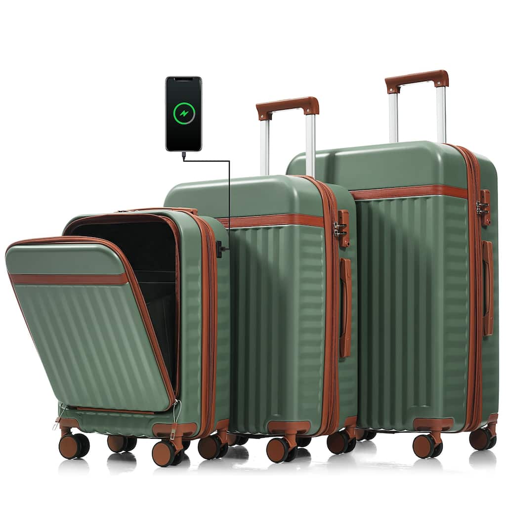 Luggage Set of 3, 20inch with USB Port, front opening design Airline Certified Carry on Luggage, ABS Hard Shell Luggage