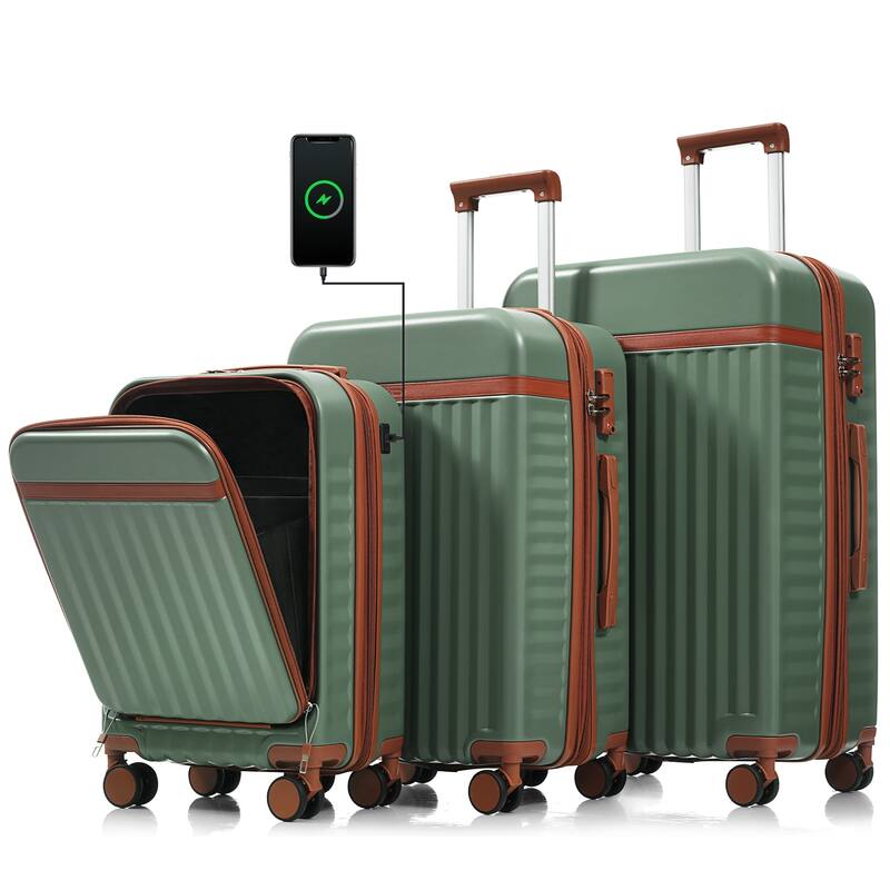 Luggage Set of 3, 20inch with USB Port, front opening design Airline Certified Carry on Luggage, ABS Hard Shell Luggage - Green