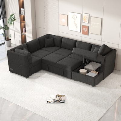 108.6" U-shaped Sectional Sofa Pull out Sofa Bed with Two USB Ports, Two Power Sockets, Three Back Pillows and a Storage Chaise