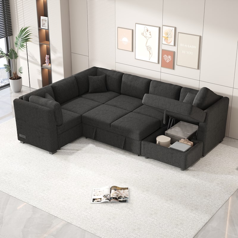 Roomfitters U-Shaped Sectional Sofa Pull-Out Bed with USB Ports, Power Sockets, Three Back Pillows, and Storage Chaise - Black