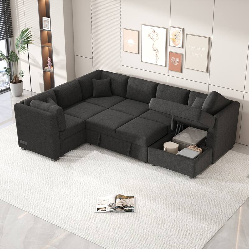 Sectional Sleeper Sofa with Pull Out Bed and Storage Chaise,U Shape Sectional Sofa Bed, Oversized Sectional - Black