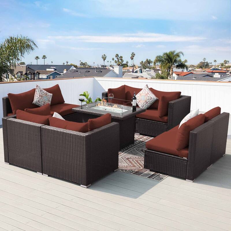 9-Piece Outdoor Brown Wicker Sectional Patio Conversation Set with 43″ Fire Pit Table, Cushion - Red