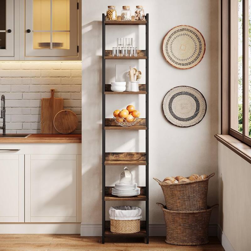 7-Tier Tall Corner Bookcase with Floral Accents, 78.74" Narrow Corner Bookshelf