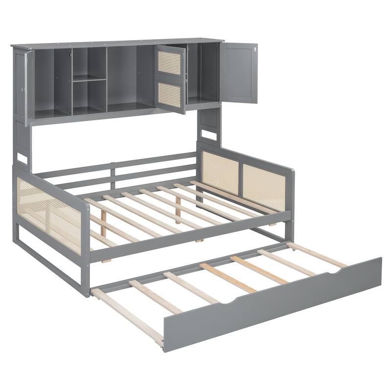 Full Size Wood Storage Daybed with All-in-One Cabinet and 2 Drawers