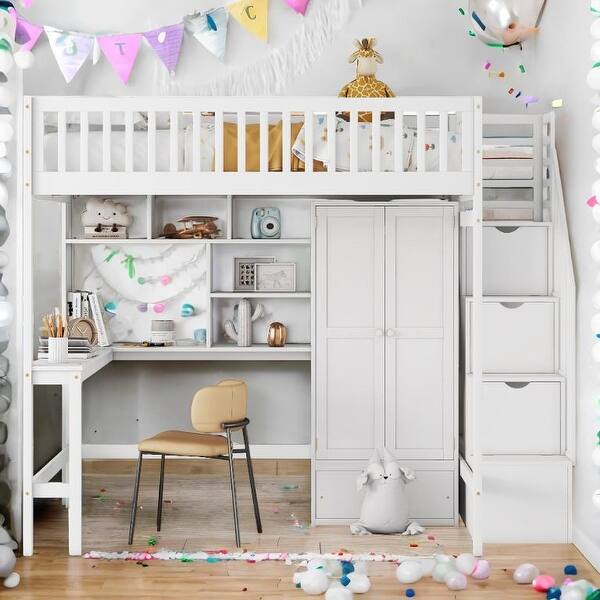 slide 2 of 53, Full size Loft Bed with Bookshelf,Drawers,Desk,and Wardrobe White