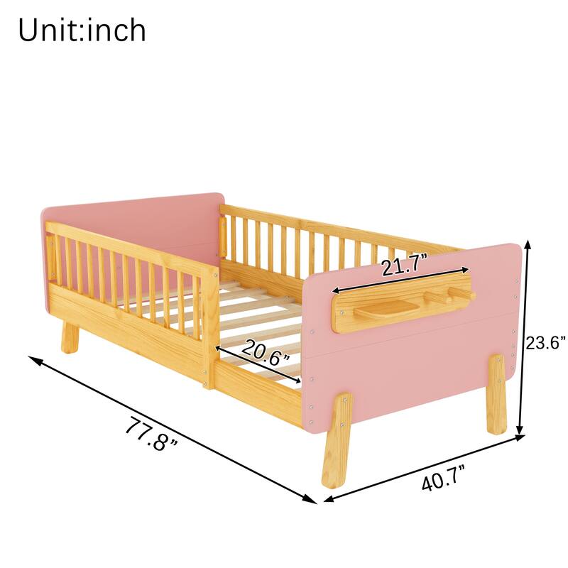 Kids Wood Platform Bed with Guardrails, Bottle Holder and 2 Hanging Rod, Convertible Toddler Daybed, Low Profile Design Frame