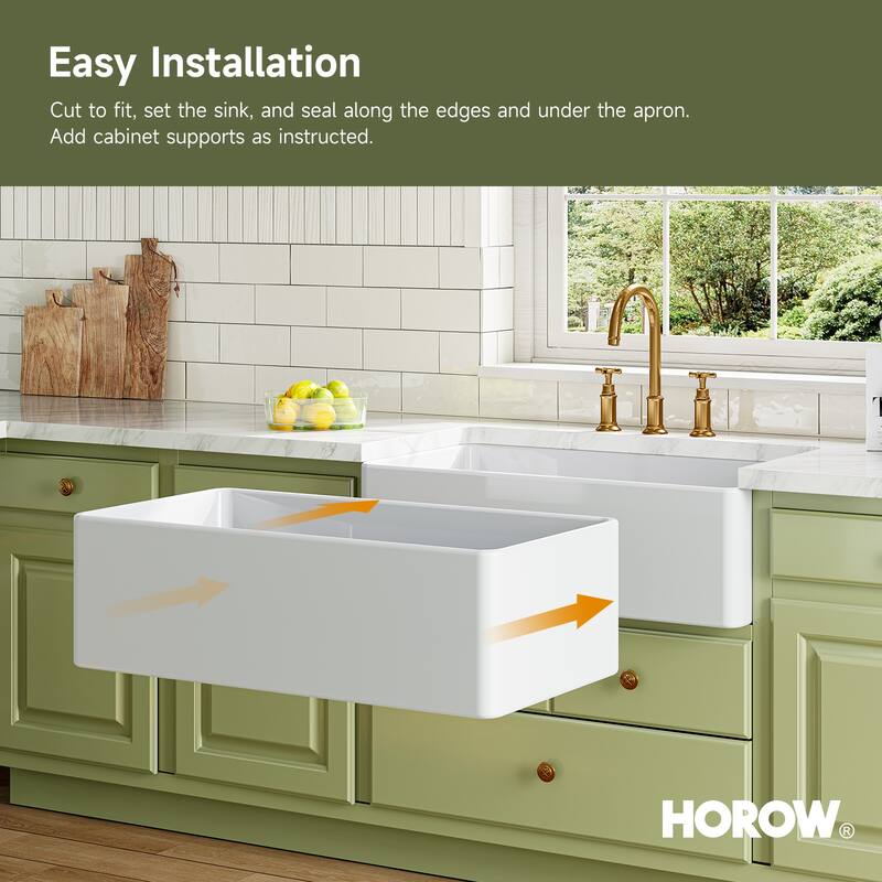 HOROW 33 in. White Fireclay Rectangular Farmhouse Apron-Front Kitchen Sink, Single Bowl with Grid and Strainer
