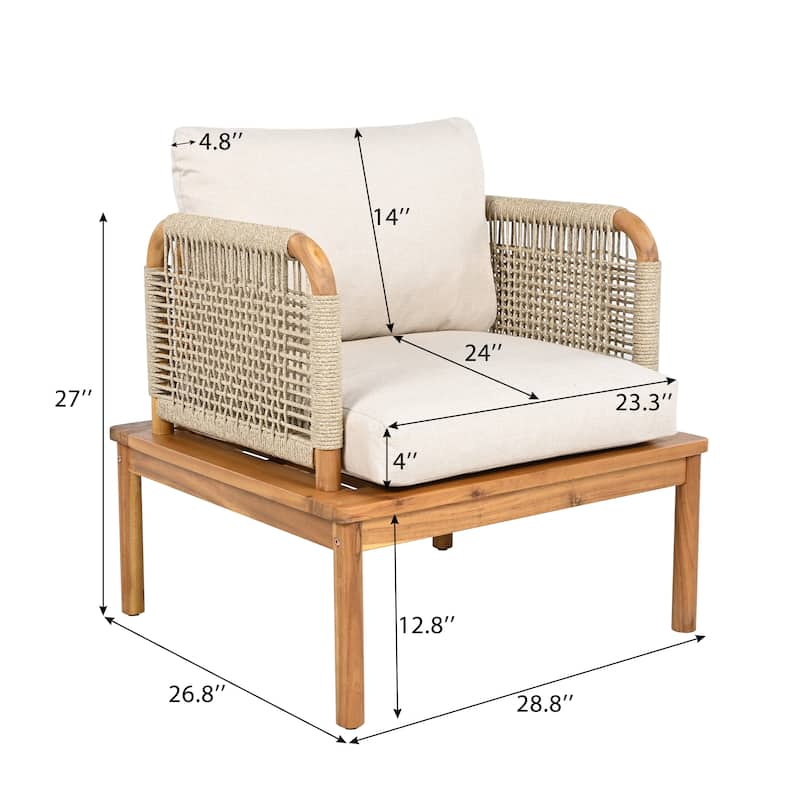 Roomfitters Outdoor Acacia Wood and Rope Club Chairs with Cushions, Teak+Beige