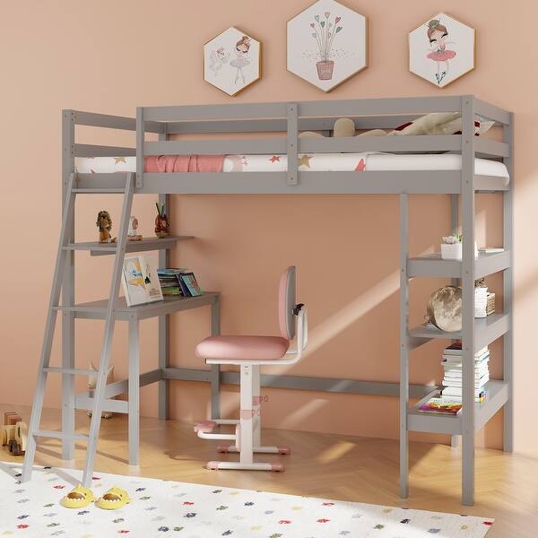 slide 2 of 30, Twin Size Loft Bed with Desk and Bookshelves for Kids and Teens Grey