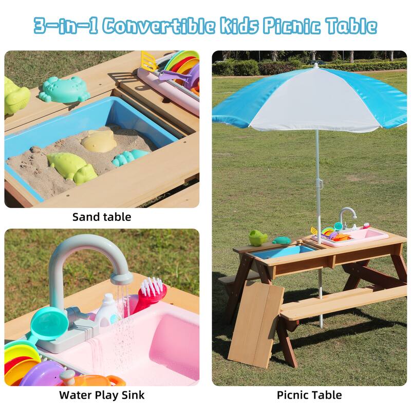 Wooden Kids Picnic Table, Sand and Water Table with Umbrella, Activity Table for Outdoor Backyard Patio Play
