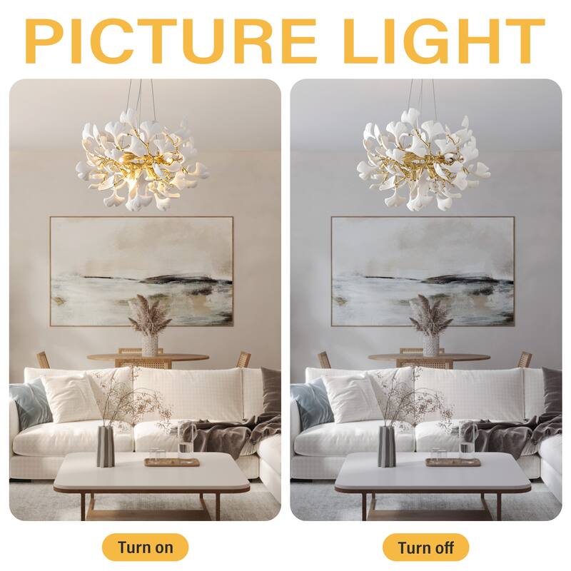 Modern Ginkgo Leaf Ceramic Chandelier, Moon Ring Round Pendant Light, D550-D1200, Gold Finish