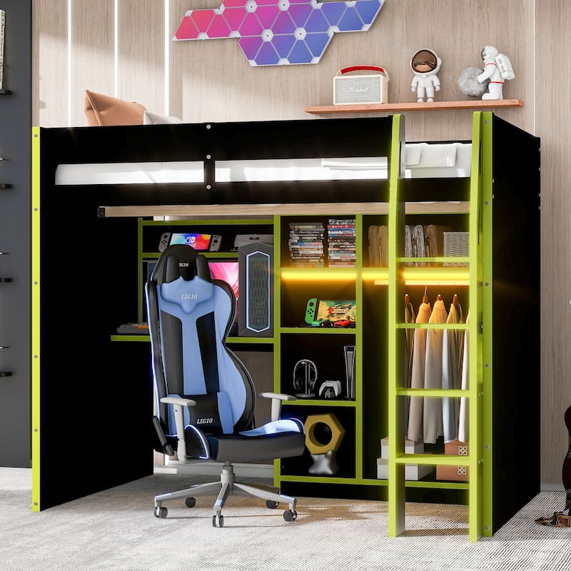 Full-Size Modern Gaming Wooden Loft Bed with RGB Lighting, Desk & Open Storage by Harper&Bright Designs - Green