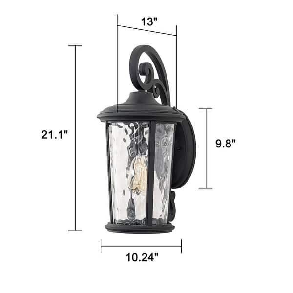 21"H 1-Light Black Outdoor Wall Lantern with Ripple Glass for Porch Patio Entryway