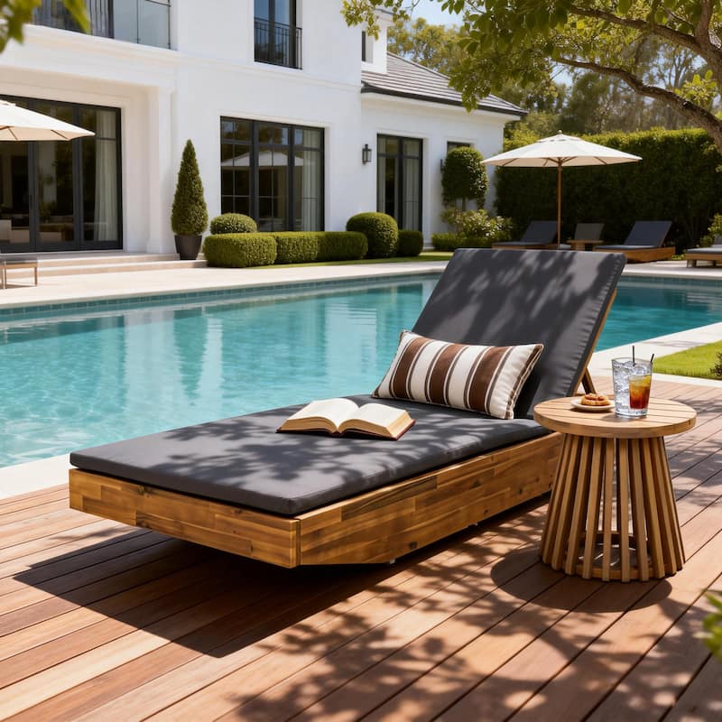 Christopher Knight Home - Outdoor Acacia Wood Chaise Lounge with Ergonomic 2-Fold Thin Water-Repellent Cushion - 79.6"L - Teak Finish+Dark Gray Cushion