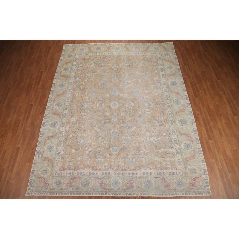 Hand Knotted Oriental 100% Wool Carpet Traditional All-Over Peach Tabriz Area Rug - 12' 8'' X 10' 0''