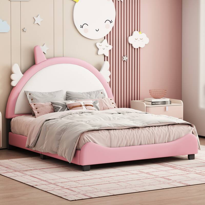 Wooden Upholstered Bed Platform Bed With UnicornShape Headboard Kids