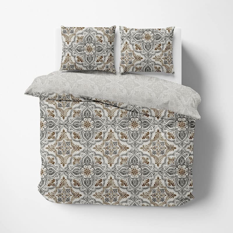 Delara GOTS Certified 100% Organic Cotton Damask Reversible Print Duvet Cover and Sham Set of 2