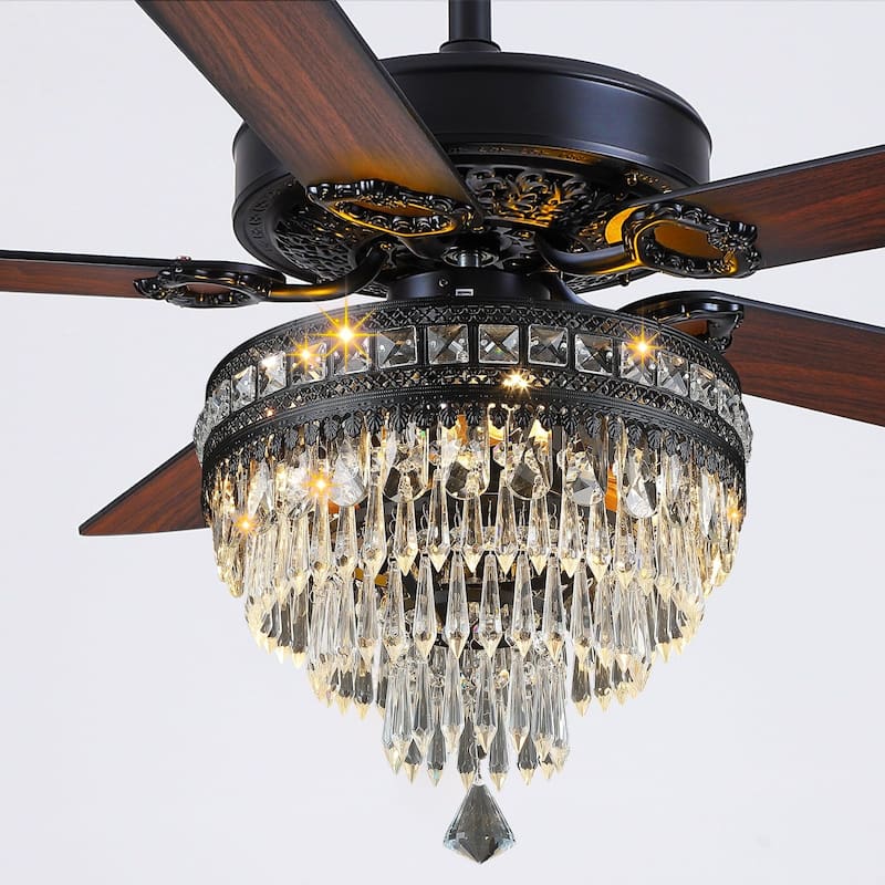 52"/62" Modern Crystal Chandelier Ceiling Fan Light,Reversible Airflow,E12 Bulbs,for Bedroom,Kitchen,Patio - 62 Inches-DC Motor - Black