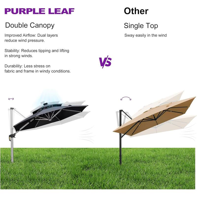 PURPLE LEAF 10 ft Double Top LED Round Patio Cantilever Umbrella