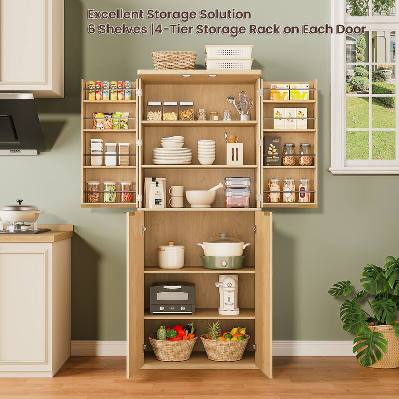 Anmytek 72 Inch Tall Modern Fluted Oak Wood Kitchen Pantry 6 Door Storage Cabinet Organizer