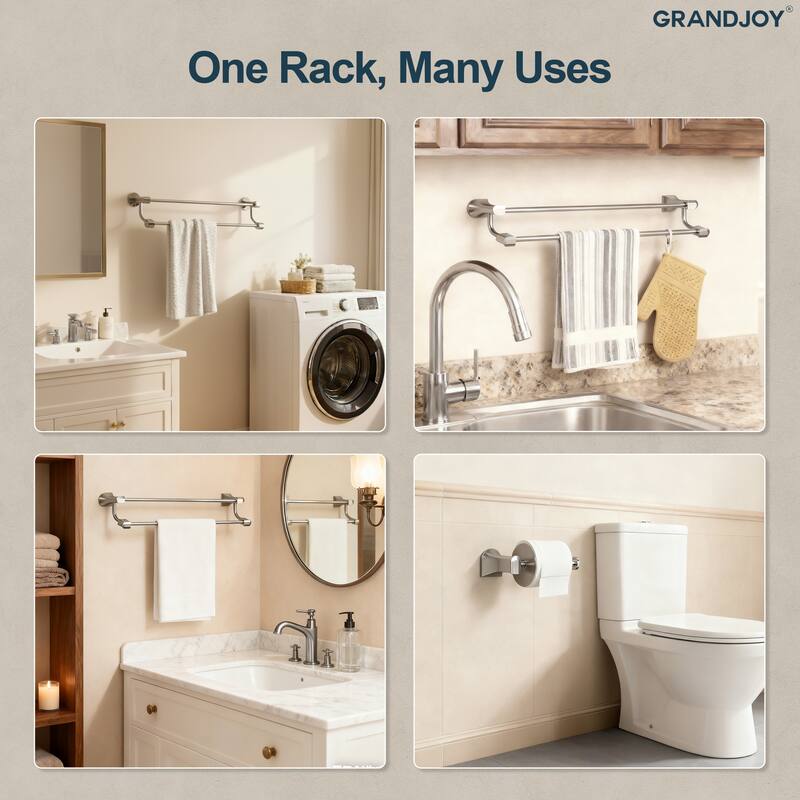GRANDJOY 4-Piece Stainless Steel Bathroom Hardware Set with Wall Mount Double Towel Bar