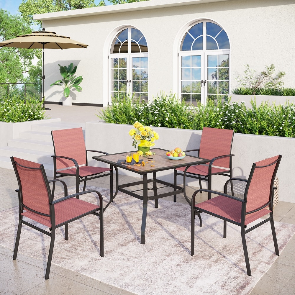 MAISON ARTS 5-Piece Outdoor Dining Set Wood-look Square Table & 4 Textilene Dining Chairs