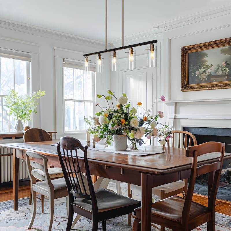 Modern Farmhouse 5/6-Light Black Gold Chandelier Glass Linear Island Lights for Dining Room - 5-Light